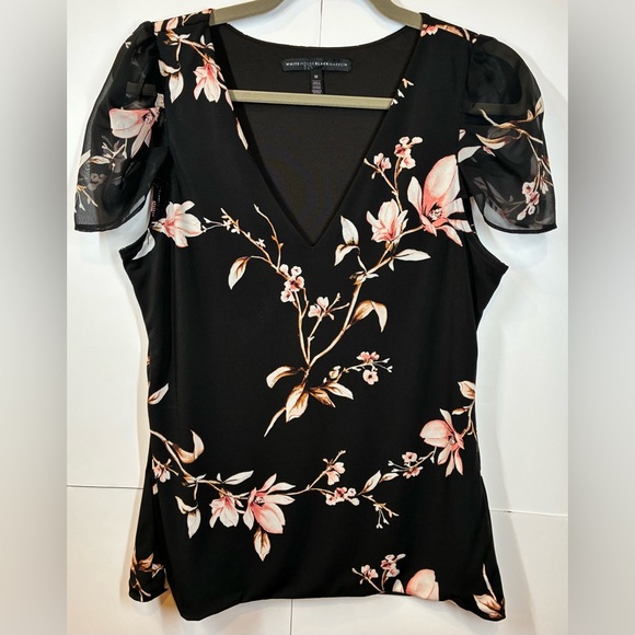 White House Black Market Tops - White House Black Market Black Floral Short Sleeve V-neck Top Size Medium